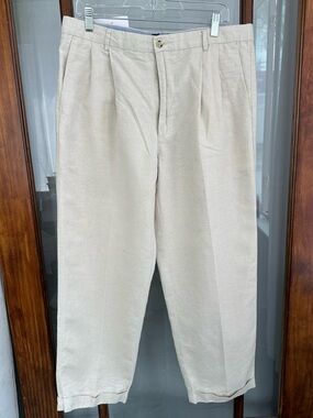 Charter Club Room Linen Blend Pants 36 X 29 Beige Pleated Cuffed Classic Fit